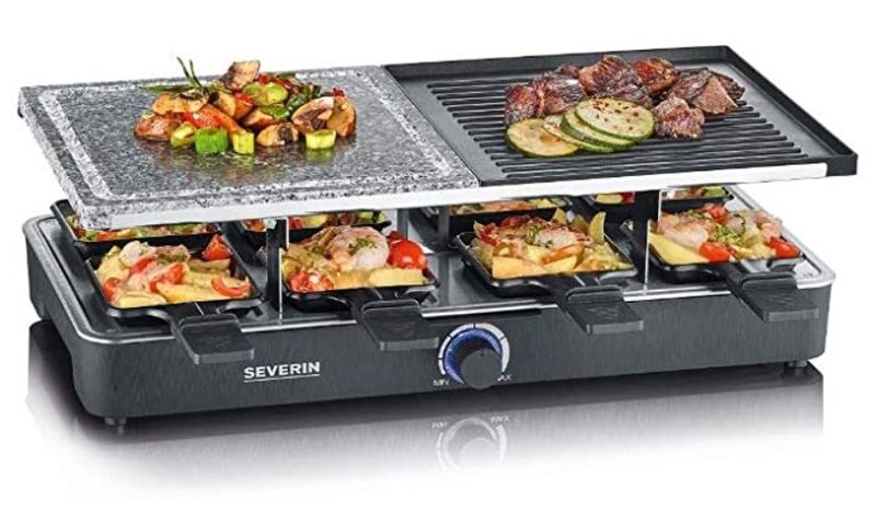 Datei:SEVERIN Raclette-Grill mit Naturgrillstein und Grillplatte, Raclette mit antihaftbeschichteter Grillplatte und 8 Pfännchen.jpg